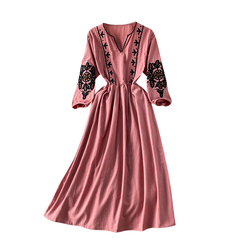 Retro style elegant art travel long skirt heavy embroidery flower beach skirt loose high waist lantern sleeve dress - Image 6