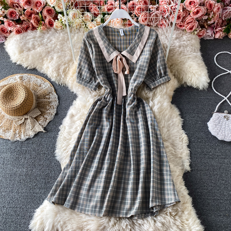 Summer Little Fresh Sweet Color Matching Doll Collar Lace up Bow High Waist Slimming Plaid Dress Short Sleeve - Image 2