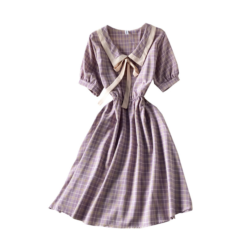 Summer Little Fresh Sweet Color Matching Doll Collar Lace up Bow High Waist Slimming Plaid Dress Short Sleeve - Image 6