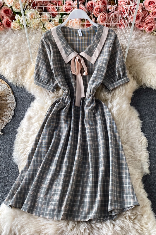 Summer Little Fresh Sweet Color Matching Doll Collar Lace up Bow High Waist Slimming Plaid Dress Short Sleeve - Image 7