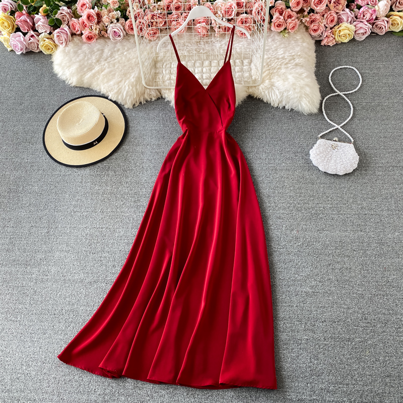 Summer Solid Color Wide Hem Dress V-neck Scheming Backless Slim-Fit Figure Flattering Party Dress High Waist Dress