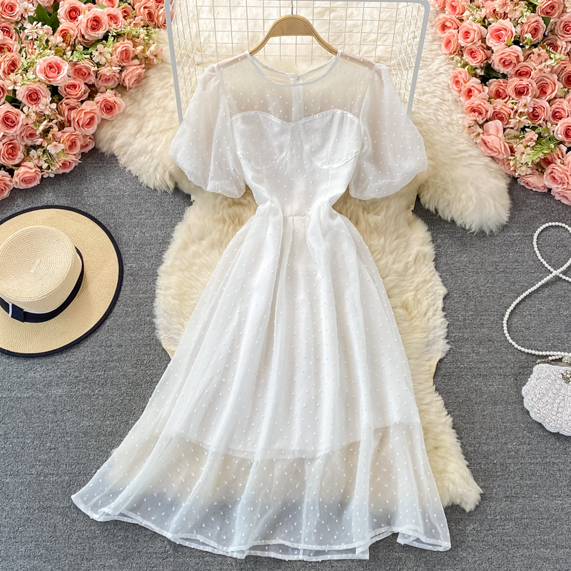 summer new style Korean version of French retro court style temperament waist round neck puff sleeve big swing chiffon dress - Image 2
