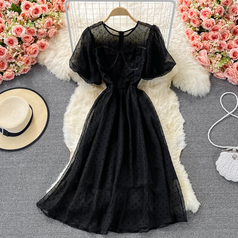 summer new style Korean version of French retro court style temperament waist round neck puff sleeve big swing chiffon dress - Image 3