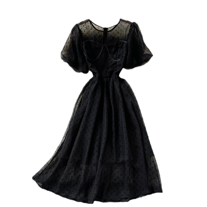summer new style Korean version of French retro court style temperament waist round neck puff sleeve big swing chiffon dress - Image 6