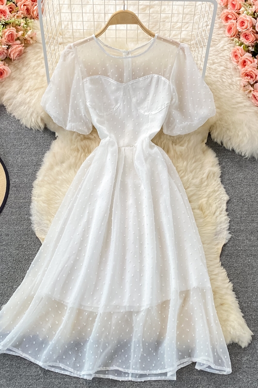 summer new style Korean version of French retro court style temperament waist round neck puff sleeve big swing chiffon dress - Image 7