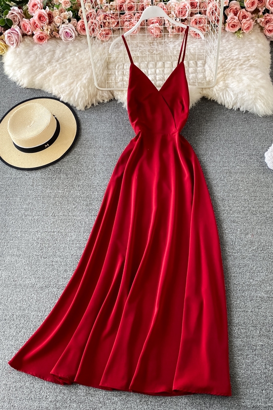Summer Solid Color Wide Hem Dress V-neck Scheming Backless Slim-Fit Figure Flattering Party Dress High Waist Dress - Image 7