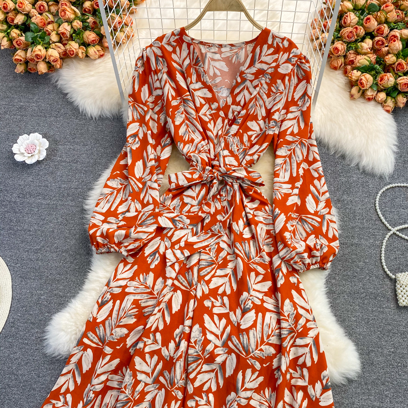 Puff Sleeve V-neck Dress Autumn New Waist Slimming Elegant Floral Skirt over the Knee Large Swing Dress - Image 3