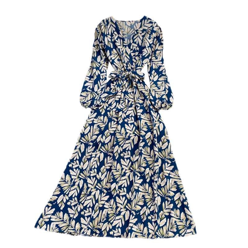 Puff Sleeve V-neck Dress Autumn New Waist Slimming Elegant Floral Skirt over the Knee Large Swing Dress - Image 6