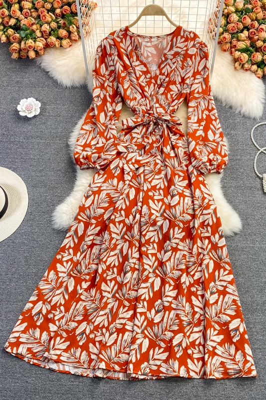 Puff Sleeve V-neck Dress Autumn New Waist Slimming Elegant Floral Skirt over the Knee Large Swing Dress - Image 7