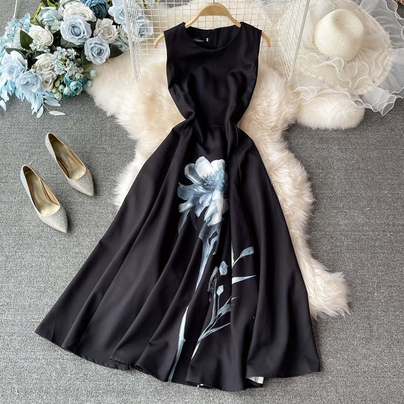 European Stationsummer New French Retro Sleeveless Vest Dress Printed Waist-Controlled Slimming Large Hem Dress - Image 2