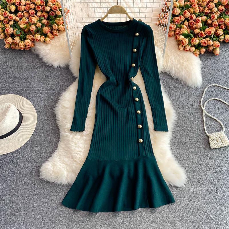 Base sweater bag hip skirt slim slimming fishtail skirt autumn and winter round neck long sleeve temperament knitted dress women - Image 2