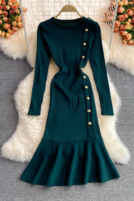Base sweater bag hip skirt slim slimming fishtail skirt autumn and winter round neck long sleeve temperament knitted dress women - Image 7