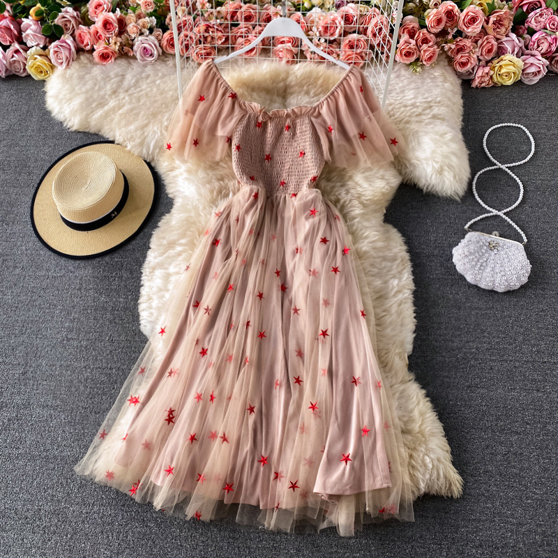 Fairy Dress Chic Gentle Summer New French Style Super Mori Waist Slimming Temperament Square Collar Mesh Dress - Image 2