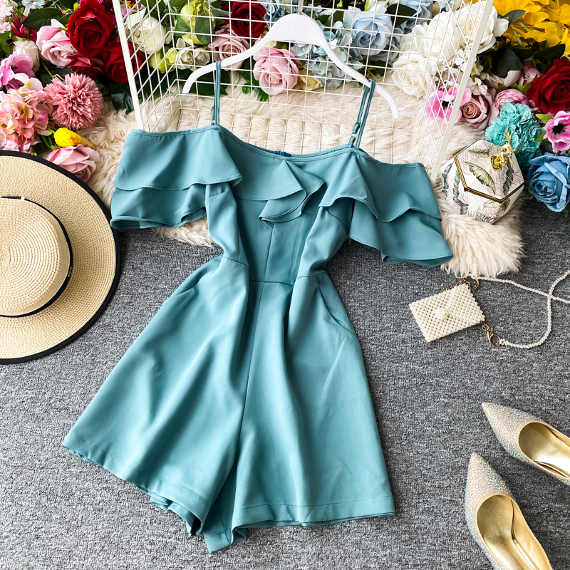 Off-the-Shoulder Strap Jumpsuit Summer New Super Fairy Ruffled off-the-Neck Wide-Leg Shorts Jumpsuit Women's Clothing