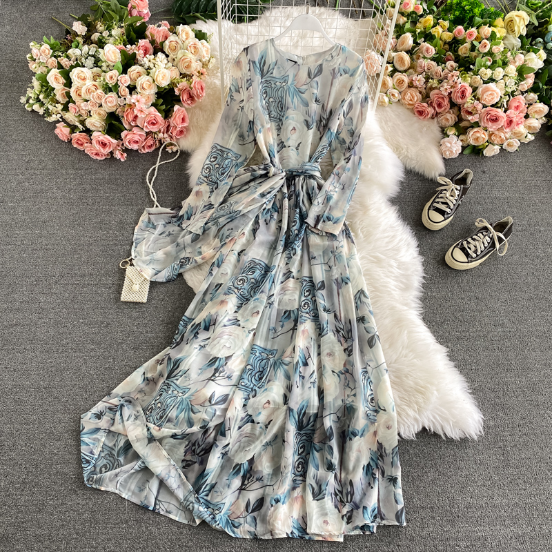 Holiday wind round collar dress fashion temperament hubble-bubble sleeve show thin printed big long skirt - Image 2