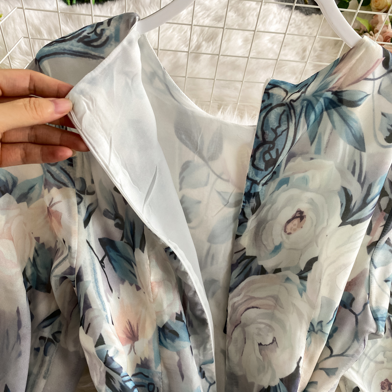 Holiday wind round collar dress fashion temperament hubble-bubble sleeve show thin printed big long skirt - Image 4