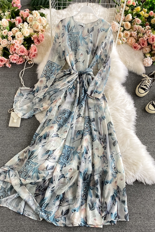 Holiday wind round collar dress fashion temperament hubble-bubble sleeve show thin printed big long skirt - Image 7