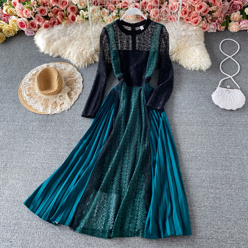 Spring New Socialite Temperament Slimming Large Hem Long Skirt Color Contrast Patchwork Pleated Skirt Hollow Lace Dress