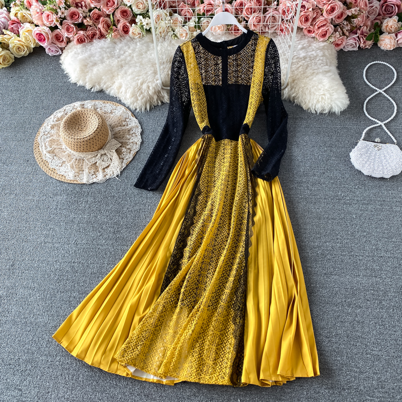 Spring New Socialite Temperament Slimming Large Hem Long Skirt Color Contrast Patchwork Pleated Skirt Hollow Lace Dress - Image 3