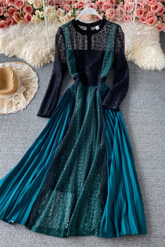 Spring New Socialite Temperament Slimming Large Hem Long Skirt Color Contrast Patchwork Pleated Skirt Hollow Lace Dress - Image 7
