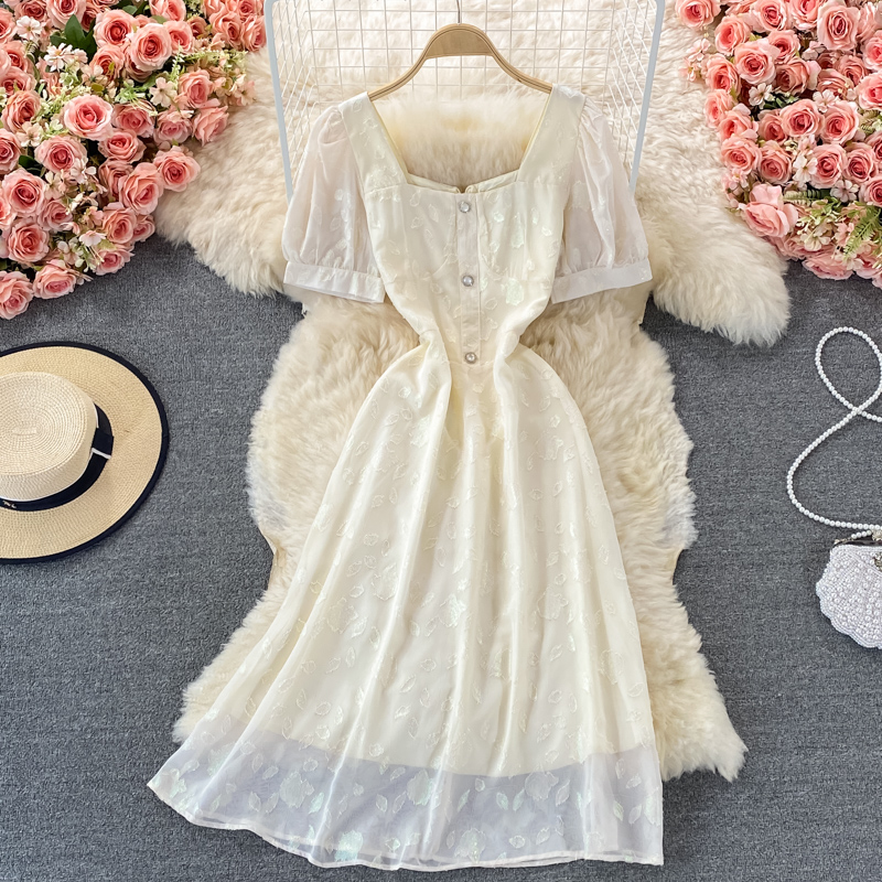 Summer New French Style Gentle Square Collar Dress Short Sleeve Slimming Slim Fit below the Knee White First Love Dress