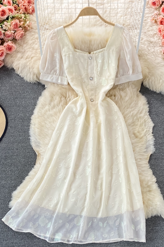 Summer New French Style Gentle Square Collar Dress Short Sleeve Slimming Slim Fit below the Knee White First Love Dress - Image 7