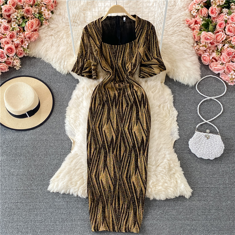 Fashion Ladies' Evening Dress Summer New Temperament Square Collar Bright Silk Slim Fit Slimming Slit Sheath Dress