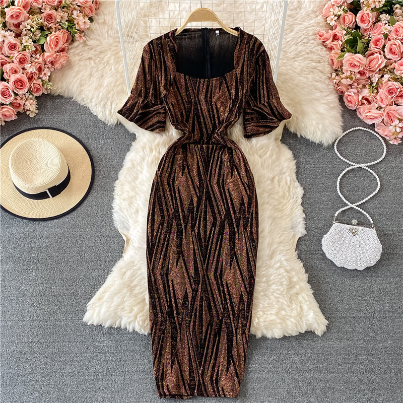 Fashion Ladies' Evening Dress Summer New Temperament Square Collar Bright Silk Slim Fit Slimming Slit Sheath Dress - Image 4