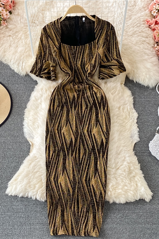 Fashion Ladies' Evening Dress Summer New Temperament Square Collar Bright Silk Slim Fit Slimming Slit Sheath Dress - Image 7