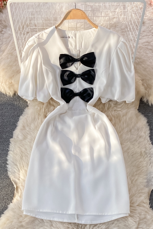 Summer New Retro Small Waist-Tight Slimming V-Neckline Three-Dimensional Bow Decoration Puff Sleeve Dress - Image 7