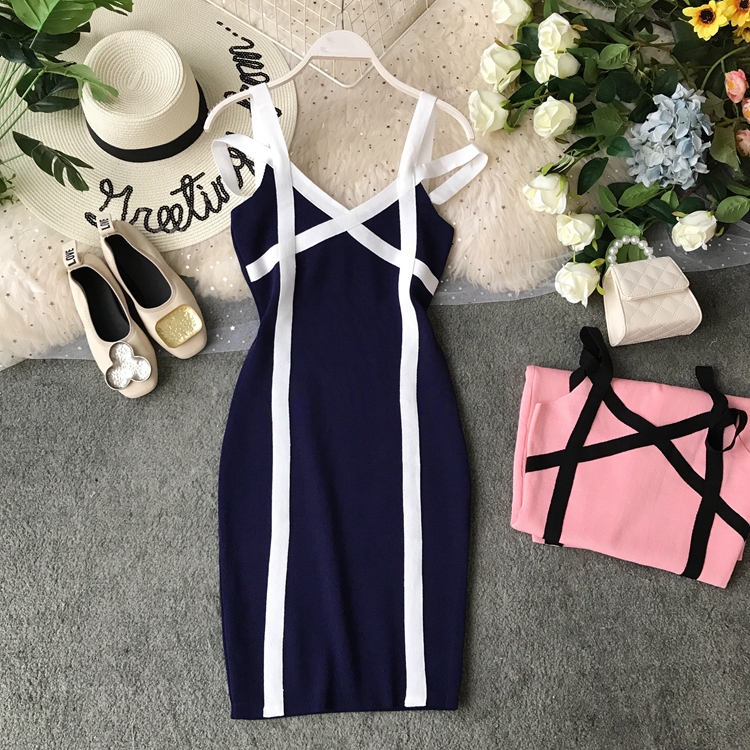 In the summer of the new package buttocks needle knitting skirt with shoulder-straps v-neck cultivate one's morality - Image 5