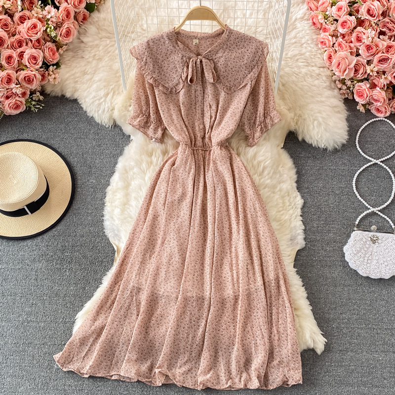 French Retro Sweet Floral Chiffon Dress Short Sleeve Summer New Waist Slimming Large Hem Long Dress - Image 4