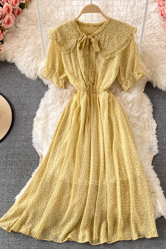 French Retro Sweet Floral Chiffon Dress Short Sleeve Summer New Waist Slimming Large Hem Long Dress - Image 7