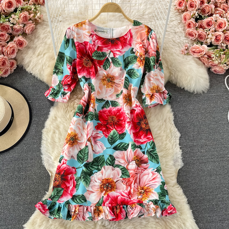 Summer New Fashion Elegant Graceful round-Neck Flared Sleeves Printed Small Ruffled Dress Short Sleeve