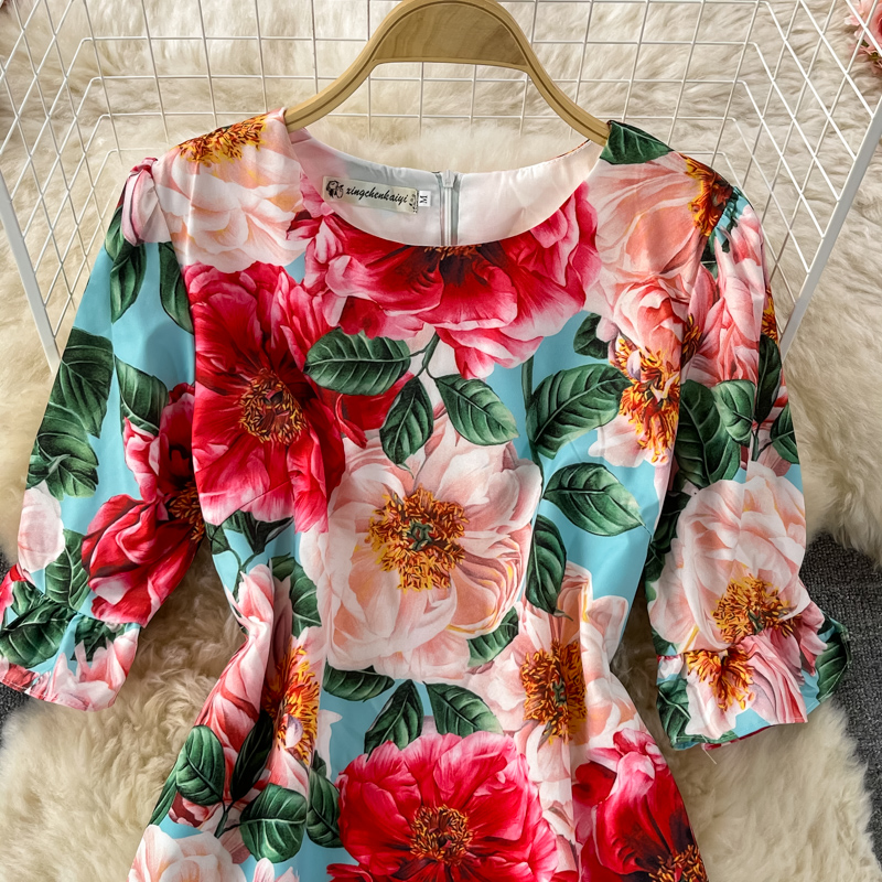 Summer New Fashion Elegant Graceful round-Neck Flared Sleeves Printed Small Ruffled Dress Short Sleeve - Image 3