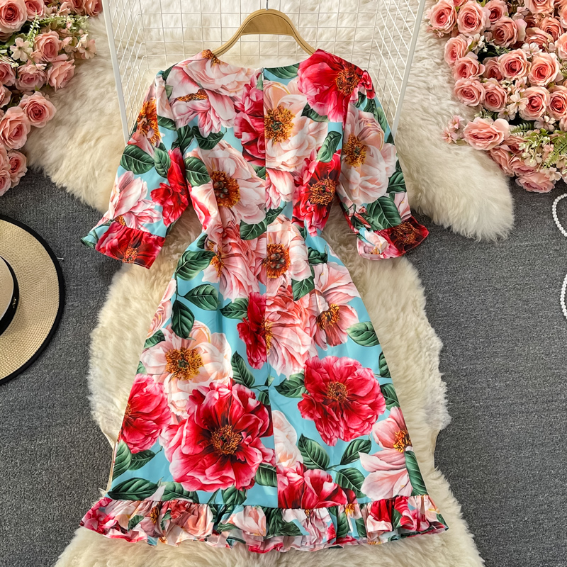 Summer New Fashion Elegant Graceful round-Neck Flared Sleeves Printed Small Ruffled Dress Short Sleeve - Image 5