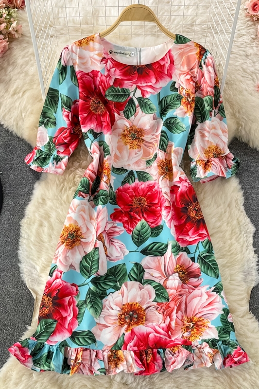 Summer New Fashion Elegant Graceful round-Neck Flared Sleeves Printed Small Ruffled Dress Short Sleeve - Image 7