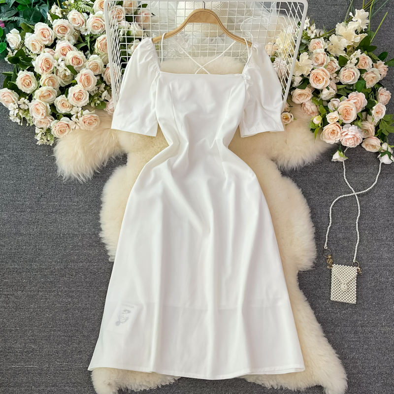 First Love Bubble Sleeve Square Collar White Chiffon Dress New Women's Summer French Gentle Sweet Super Fairy Dress - Image 2