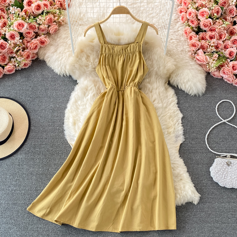 Summer New French Retro Girl's First Love A- line Dress Waist Slimming Gentle Sweet Spaghetti-Strap Dress - Image 2