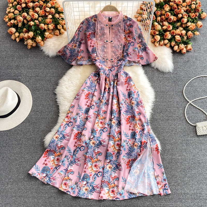 Summer Shawl Improved Cheongsam Western Style Chiffon Floral Dress Vintage Buckle Summer Figure Flattering Wide Hem Long Dress - Image 2