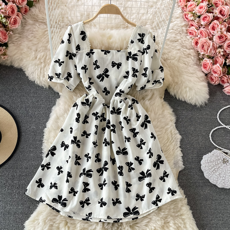 Western style fashion square neck bubble sleeve waist strap butterfly print dress female sweet temperament thin A-line skirt - Image 2