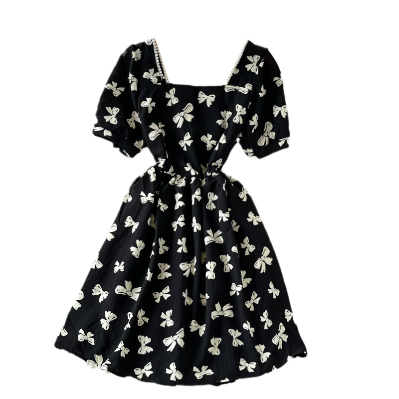 Western style fashion square neck bubble sleeve waist strap butterfly print dress female sweet temperament thin A-line skirt - Image 6