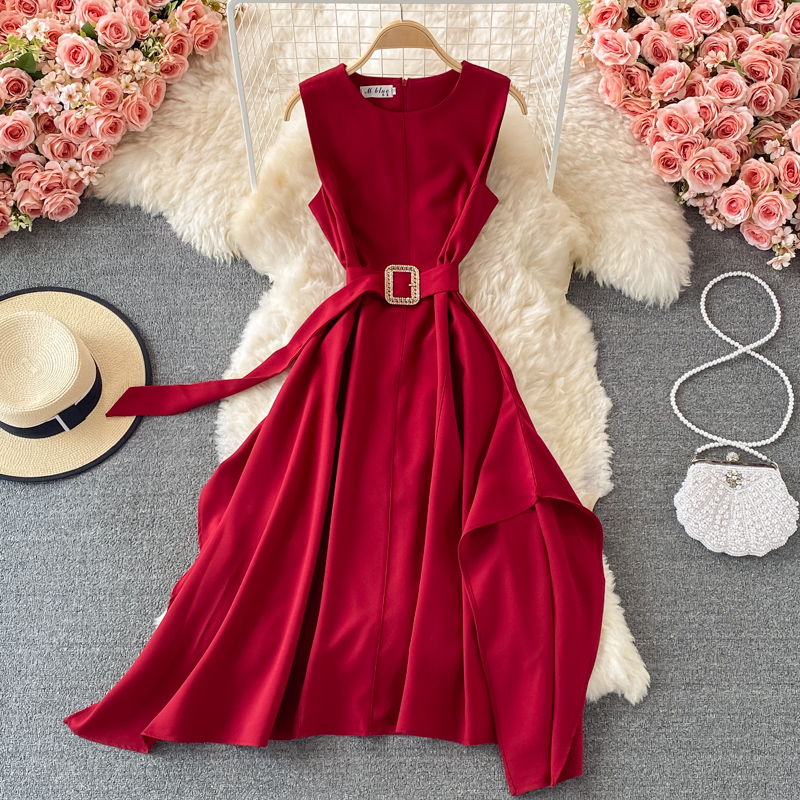 French round Neck Dress Summer New Temperament Commute Tight Waist Slimming Retro over the Knee Irregular Swing Long Dress - Image 2