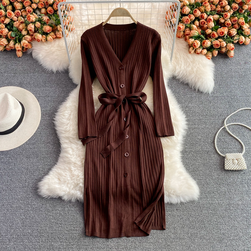 New V-neck Single-Breasted Slim-Fit Bottoming Hip Skirt V-neck Waist-Controlled Lace-up Knitted Dress for Autumn and Winter