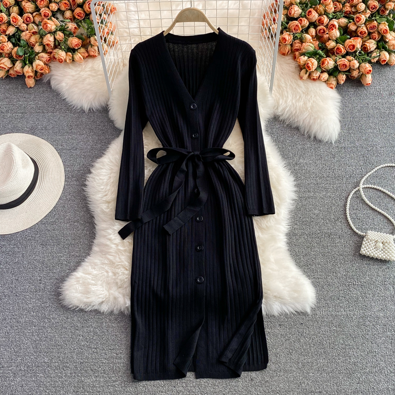 New V-neck Single-Breasted Slim-Fit Bottoming Hip Skirt V-neck Waist-Controlled Lace-up Knitted Dress for Autumn and Winter - Image 5