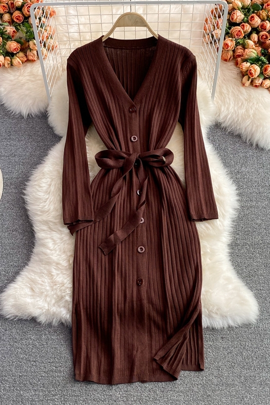 New V-neck Single-Breasted Slim-Fit Bottoming Hip Skirt V-neck Waist-Controlled Lace-up Knitted Dress for Autumn and Winter - Image 7