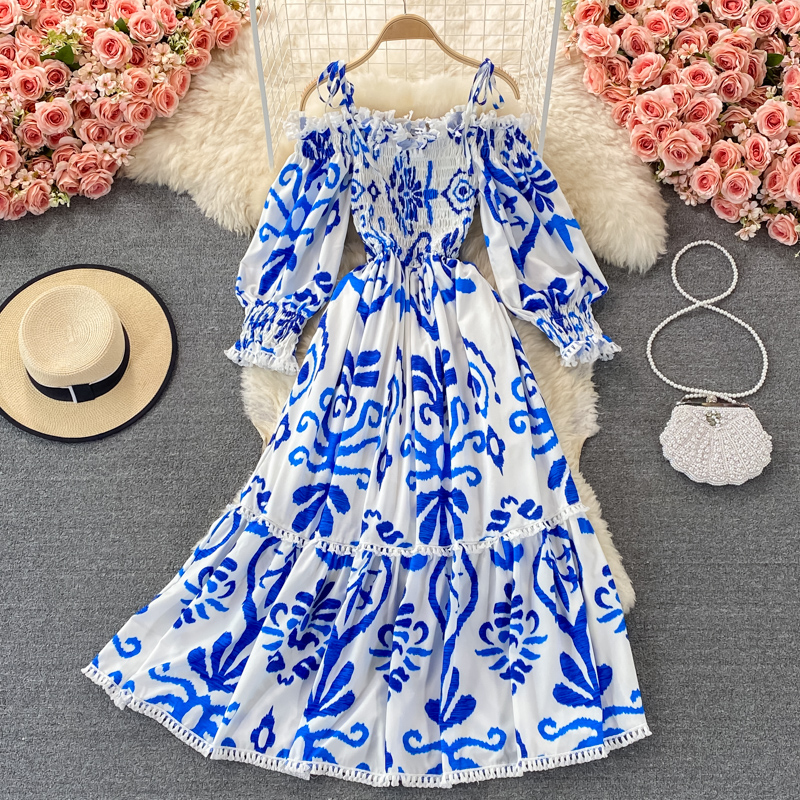 spring and autumn new lace-up collar off-shoulder celadon printed dress, long-sleeved waist, thin and large-length dress