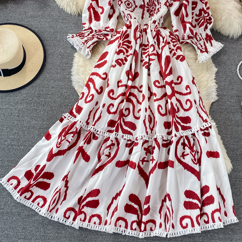 spring and autumn new lace-up collar off-shoulder celadon printed dress, long-sleeved waist, thin and large-length dress - Image 5