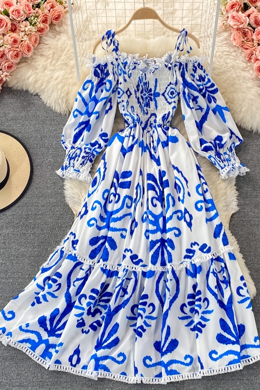 spring and autumn new lace-up collar off-shoulder celadon printed dress, long-sleeved waist, thin and large-length dress - Image 7