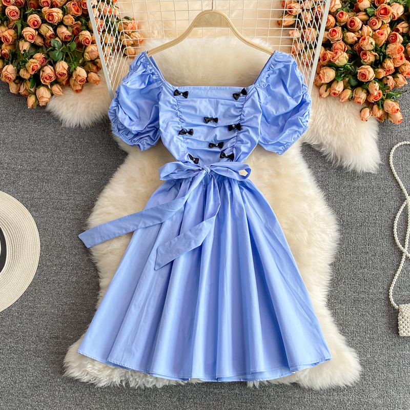 Korean Dongdaemun Summer Rhinestone Bow Square Collar Puff Sleeve Pleated Dress Mid-Length A- line Dress - Image 2